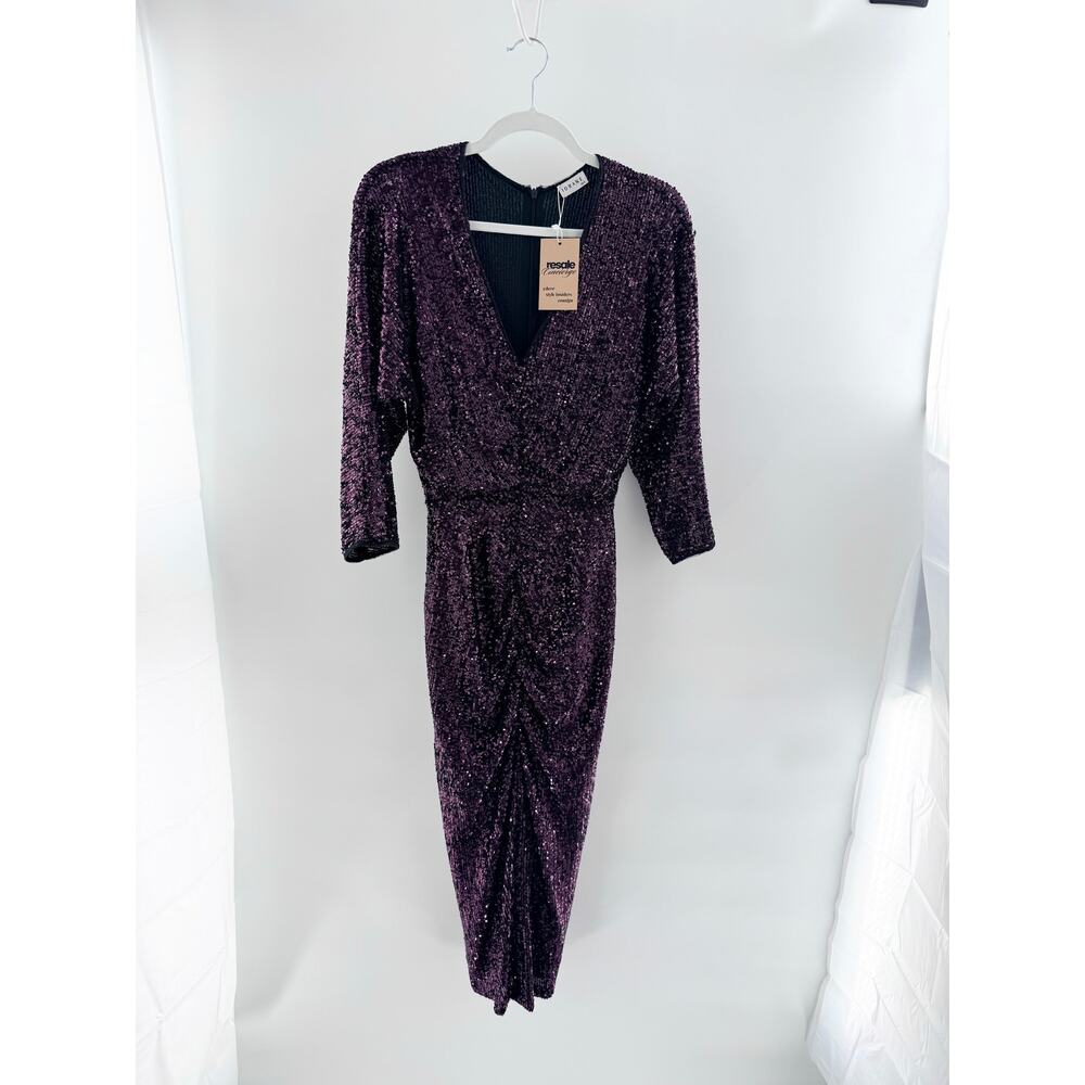 Iorane Embellished Sequin 3/4 Sleeve V-Neck Ruched Midi Dress Purple Women Small